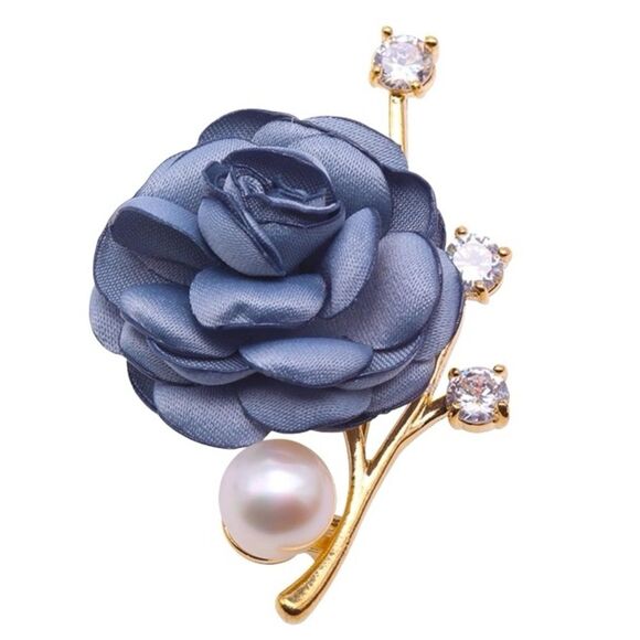 Brooch Blue Gold 11.5mm Rose Flower White Freshwater Pearl Bouquet Broach Pin A1 - Picture 1 of 8